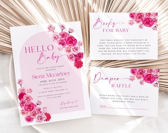 Hot pink floral baby shower invitation set template, hot pink baby shower invitations blush pink roses fuchsia magenta summer 0254