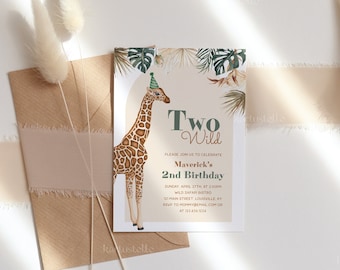 Giraffe birthday party invitation template two wild birthday invitation safari birthday invites boho jungle animal boy girl neutral kid 0274