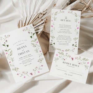 Whimsical garden wedding invitation template, wildflower wedding invitation set pink floral wedding invites elegant dainty wild flowers 0244