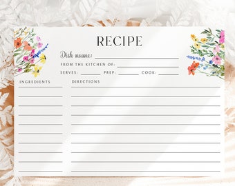Colorful floral recipe card template, wildflower bridal shower recipe cards, spring garden wild meadow flowers pink yellow orange blue 0242