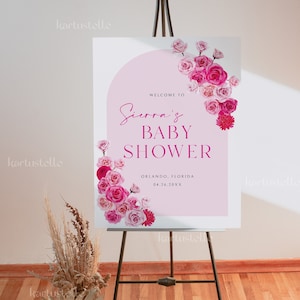 Hot pink floral baby shower welcome sign template, hot pink and blush baby shower sign poster, blush pink roses fuchsia magenta summer 0254