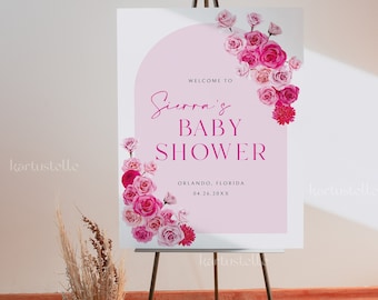 Hot pink floral baby shower welcome sign template, hot pink and blush baby shower sign poster, blush pink roses fuchsia magenta summer 0254