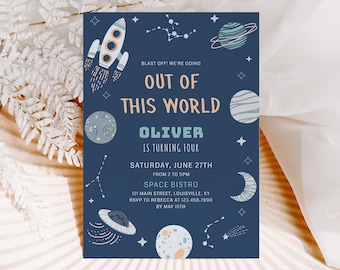 Outer space birthday party invitation template, out of this world birthday invites, galaxy sun moon star rocket ship solar system boy 0240