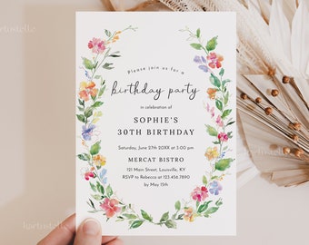 Dreamy garden birthday party invitation template wildflower birthday invites any age women girl teen colorful floral pink yellow orange 0237