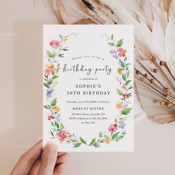 Dreamy garden birthday party invitation template wildflower birthday invites any age women girl teen colorful floral pink yellow orange 0237