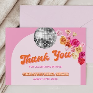 Disco thank you card template bold retro hot pink bridal shower thank you card red pink orange floral thank you cards disco ball 0267