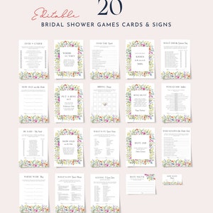 Colorful floral bridal shower games bundle template, wildflower bridal shower games set spring garden flowers pink yellow orange blue 0242