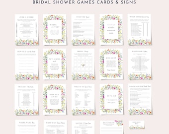 Colorful floral bridal shower games bundle template, wildflower bridal shower games set spring garden flowers pink yellow orange blue 0242