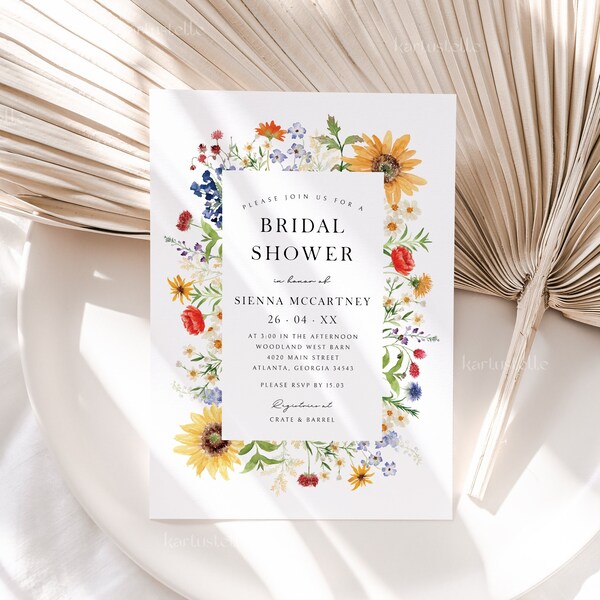 Sunflower bridal shower invitation template summer floral bridal shower invites red roses wildflower spring rustic farm yellow red blue 0270