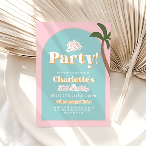 Palm tree birthday party invitation template Palm Springs party invitation desert pool party invitation tropical pink beach summer 0255