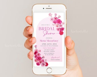 Hot pink floral bridal shower invitation template for phone invite hot pink bridal shower text invite blush pink roses fuchsia magenta 0254