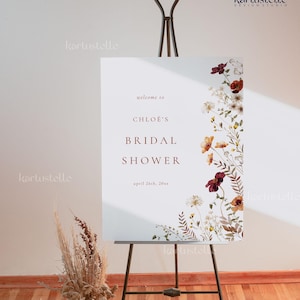 Autumn wildflower bridal shower welcome sign template fall bridal shower poster fall wildflower orange red fall floral elegant boho 0293