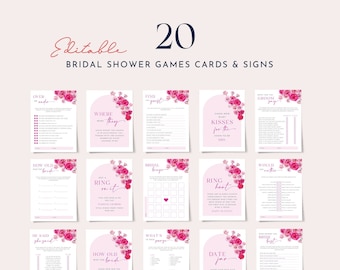 Hot pink floral bridal shower games bundle template, hot pink and blush bridal shower games set blush pink roses fuchsia magenta summer 0254