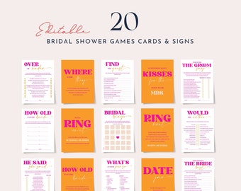 Orange pink bridal shower games bundle template, funky playful bridal shower games set, retro bridal shower games, colorful bold groovy 0249