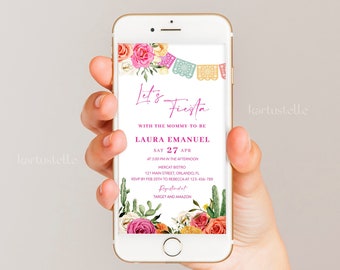 Fiesta baby shower invitation phone invite template, Mexican baby shower text invite digital invitations cactus pink orange floral 0246