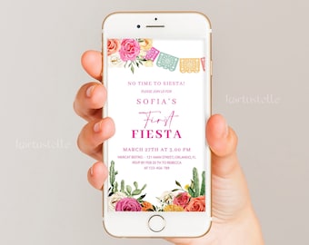 First fiesta birthday party invitation template for phone text invite Mexican 1st birthday phone invites cactus hot pink orange floral 0246
