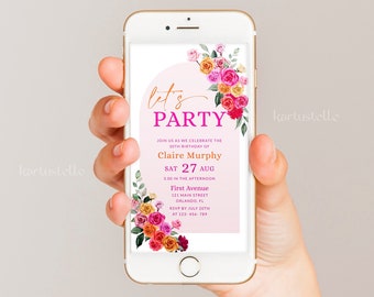 Pink orange birthday party invitation template phone invite hot pink floral birthday invitations digital invitations colorful roses 0268
