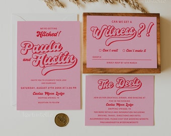 Red and pink wedding invitation set template, retro wedding invitations, red pink wedding invites, disco groovy wedding 70's hot pink 0232