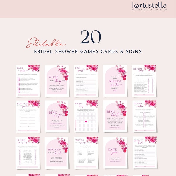 Hot pink floral bridal shower games bundle template, hot pink and blush bridal shower games set blush pink roses fuchsia magenta summer 0254