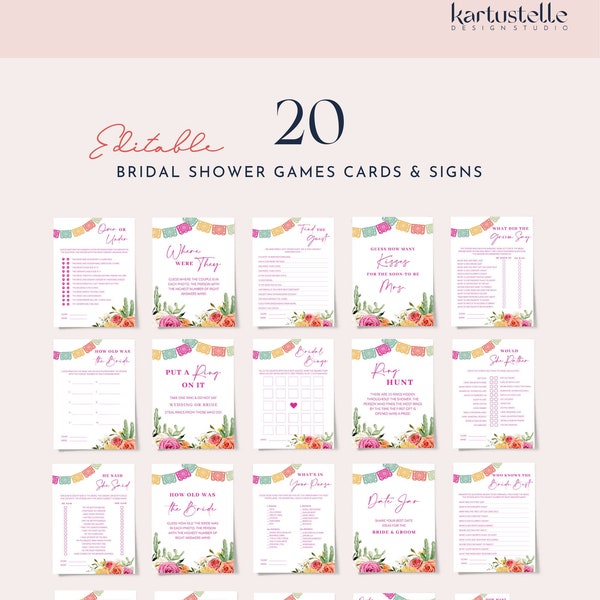 Fiesta bridal shower games bundle template, Mexican bridal shower games set, cactus hot pink orange floral bright colorful floral 0246