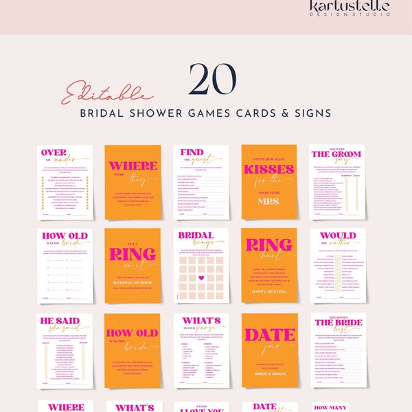 Orange pink bridal shower games bundle template, funky playful bridal shower games set, retro bridal shower games, colorful bold groovy 0249