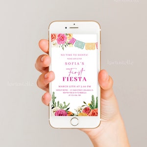 First fiesta birthday party invitation template for phone text invite Mexican 1st birthday phone invites cactus hot pink orange floral 0246