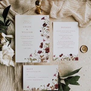 Fall wedding invitation set autumn wildflowers wedding invite template, burgundy red floral invitation card, rustic boho red wine 0295