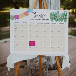 Fiesta baby shower due date calendar template, cactus baby due date calendar game Mexican baby shower games colorful floral pink orange 0231