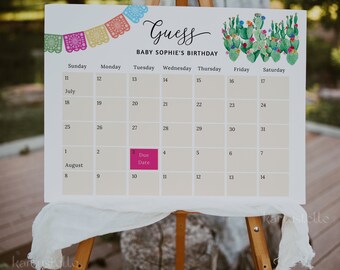 May include: A printable baby shower game sign with a calendar featuring a cactus theme. The sign says "Guess Baby Sophie's Birthday" and has a pink box marked "Due Date" on August 3rd.