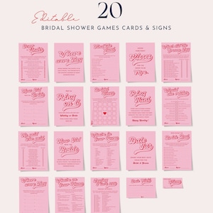 Red pink bridal shower games bundle template, red and pink bridal shower games set, retro bridal games, 70's hot pink disco groovy 0232