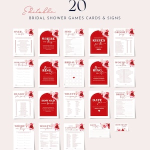Red floral bridal shower games bundle template, red and pink floral bridal shower games set red pink white bridal shower games pack 0225