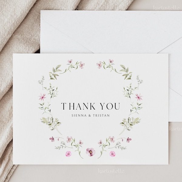 Whimsical garden thank you card template, wildflower wedding thank you note card, delicate pink floral meadow dainty wild flowers 0244