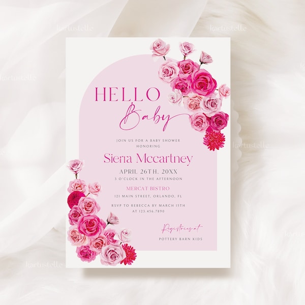 Hot pink floral baby shower invitation template, hot pink and blush baby shower invitations blush pink roses fuchsia magenta summer 0254