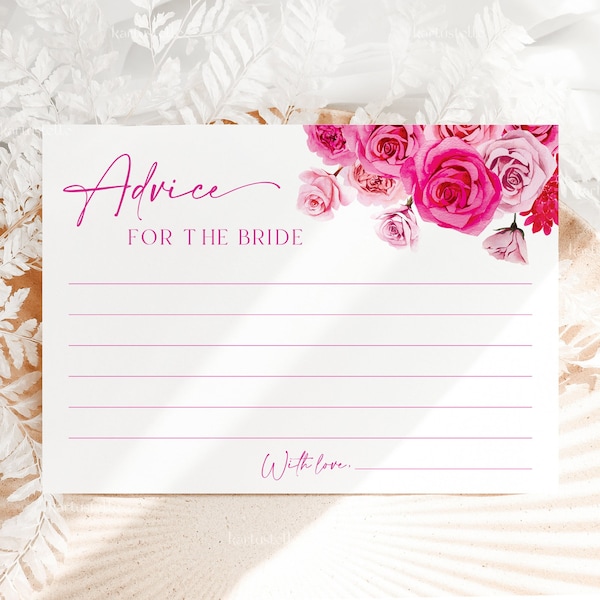 Hot pink floral advice cards, hot pink and blush bridal shower advice card template, pink roses advice for the bride fuchsia magenta 0254