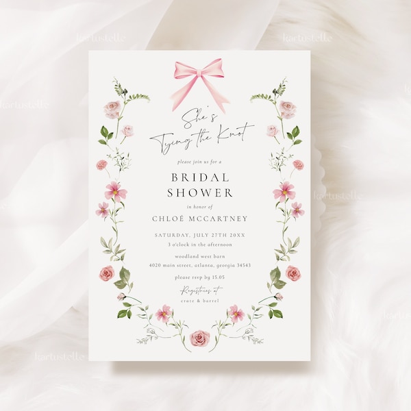 Pink bow bridal shower invitation template she's tying the knot bridal shower invitations blush pink floral bridal shower invites roses 0285