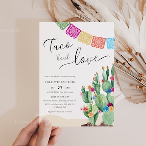 Taco bout love bridal shower invitation template, fiesta bridal shower invites cactus Mexican shower bright floral hot pink orange blue 0231
