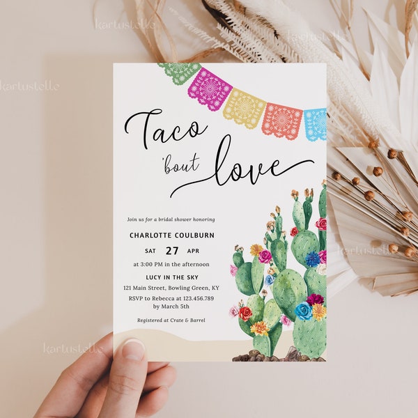 Taco bout love bridal shower invitation template, fiesta bridal shower invites cactus Mexican shower bright floral hot pink orange blue 0231