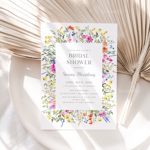 Colorful floral bridal shower invitation template, wildflower bridal shower invites spring garden bridal shower pink yellow orange blue 0242