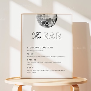 Disco bar menu wedding, retro bar menu sign, disco ball bar menu template, disco party wedding bar sign, 70&#39;s sparkle funky hippie 0245