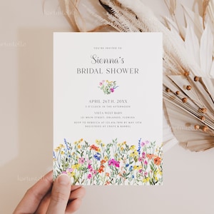 Colorful wildflower bridal shower invitation template, pink orange yellow floral bridal shower invites spring garden dainty flowers 0242