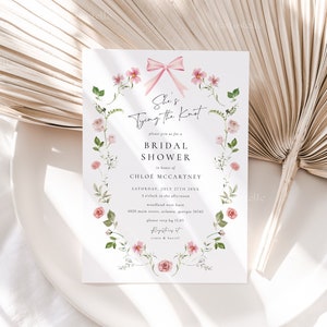 She's tying the knot bridal shower invitations bow bridal shower invitation template coquette pink floral dainty floral roses ribbon 0285
