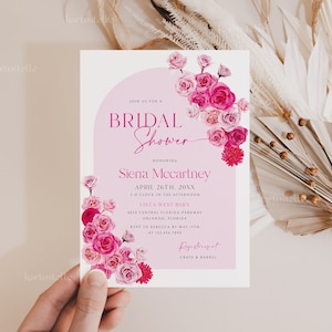 Hot pink floral bridal shower invitation template, hot pink and blush bridal shower invitations blush pink roses fuchsia magenta summer 0254