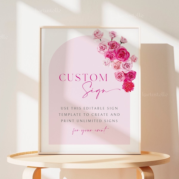 Hot pink floral custom sign template, hot pink and blush wedding signs editable, blush pink roses custom signs, fuchsia magenta summer 0254