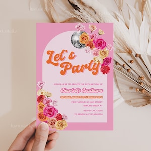Disco birthday party invitation template bold retro hot pink birthday invitation red pink orange floral party invitations disco ball 0267