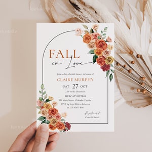 Fall bridal shower invitation template fall in love terracotta bridal shower invites rust dusty burnt orange rose floral rustic boho 0294