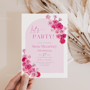 Hot pink birthday party invitation template, hot pink floral birthday invitations for her blush pink roses fuchsia magenta ladies 0254