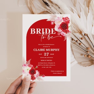 Red floral bridal shower invitation template, red and pink floral bridal shower invites, red heart valentine bridal shower invite 0225