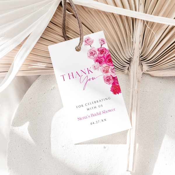 Hot pink floral favor tag template, hot pink and blush thank you tags, bridal shower favor tags blush pink roses fuchsia magenta summer 0254