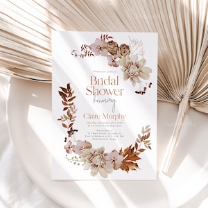 Fall bridal shower invitation template, autumn bridal shower invites fall leaves floral terracotta rust orange rustic boho dried leaves 0265