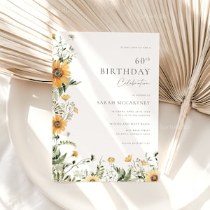 Sunflower birthday invitation template adult any age yellow floral birthday party invitation summer flowers wildflower rustic farm 0281